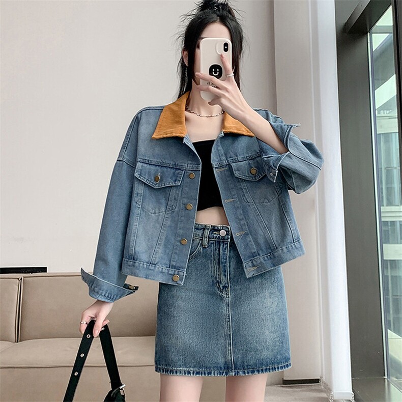 撞色拼接牛仔外套女复古短款牛仔上衣时尚百搭新款外套NZ034-75,男装工装外套,星座911-3