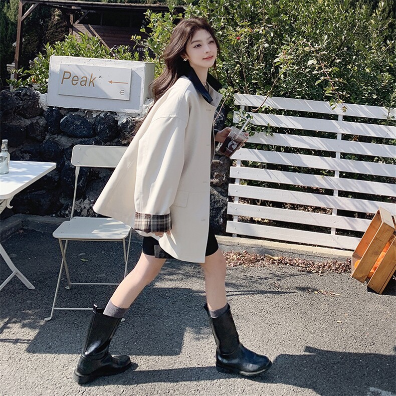 撞色卡其色格子风衣外套女2025春秋新款韩系小个子高级感翻领大衣,女装风衣,2C127