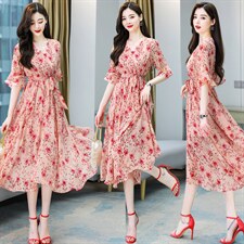 2021新款女气质显瘦法式高腰V领复古仙碎花松紧腰连衣裙送腰带，女装连衣裙，丽美静依