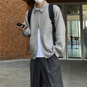 韩式街头设计感POLO翻领毛衣男慵懒风休闲拉链针织衫H4526P85图片
