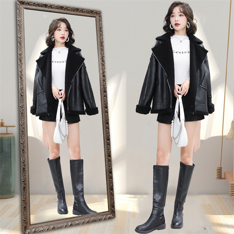 2021秋冬新款仿羊羔毛皮毛一体女机车皮衣外套中长款,女装皮衣,江南女神