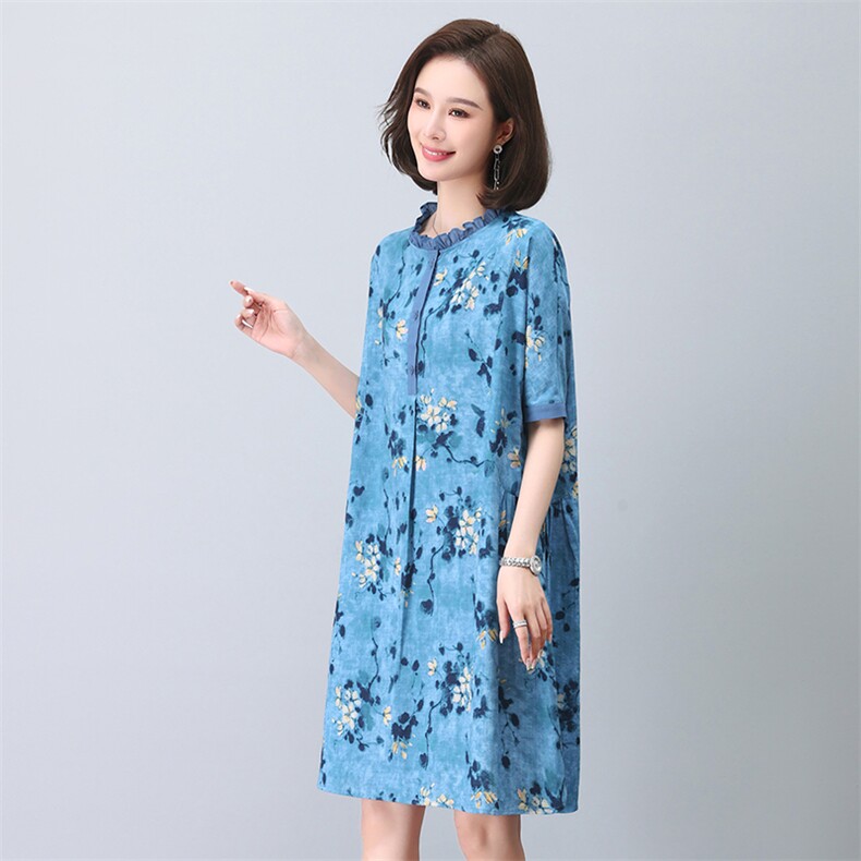 连衣裙女2024新款夏季洋气直筒加肥大码小个子妈妈高贵棉麻风裙子,女装连衣裙,依恋蒂丝