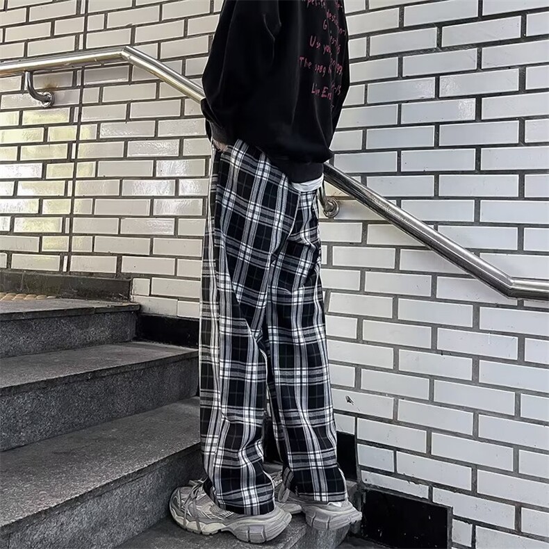 美式复古格子裤子男直筒宽松oversize垂感潮牌阔腿休闲裤QH88-p35,男装休闲裤,星座1008