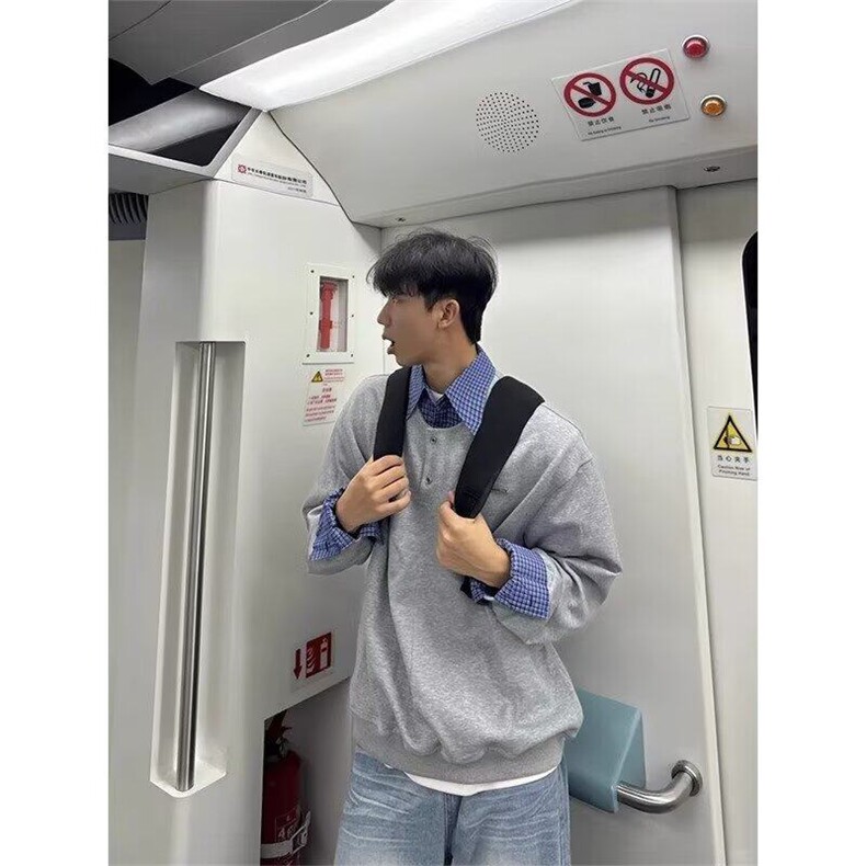 情侣款华棉复合翻领纯色拼接格子衬衫假两件卫衣男网图WY207-P55,男装卫衣,星座302B