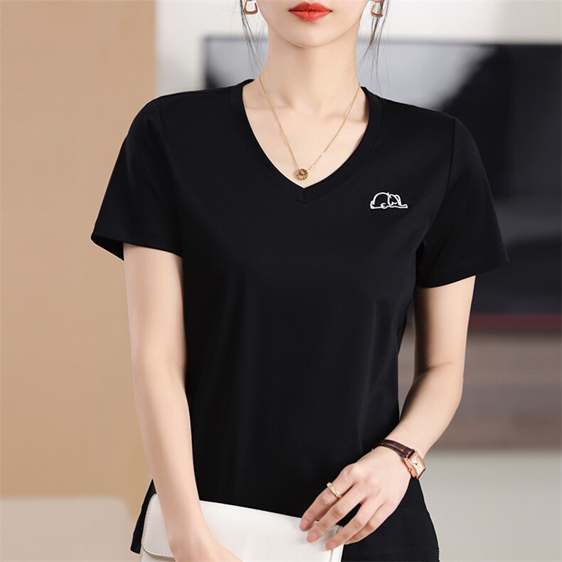 2025款夏季简约V领短袖t恤女丝光棉百搭修身上衣纯色打底衫,女装T恤,元素羊绒