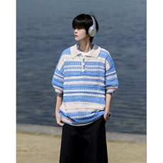 8XL-M特大码美式复古条纹撞色针织POLO衫翻领休闲短袖TDX311P35，男装T恤，电商D206-1