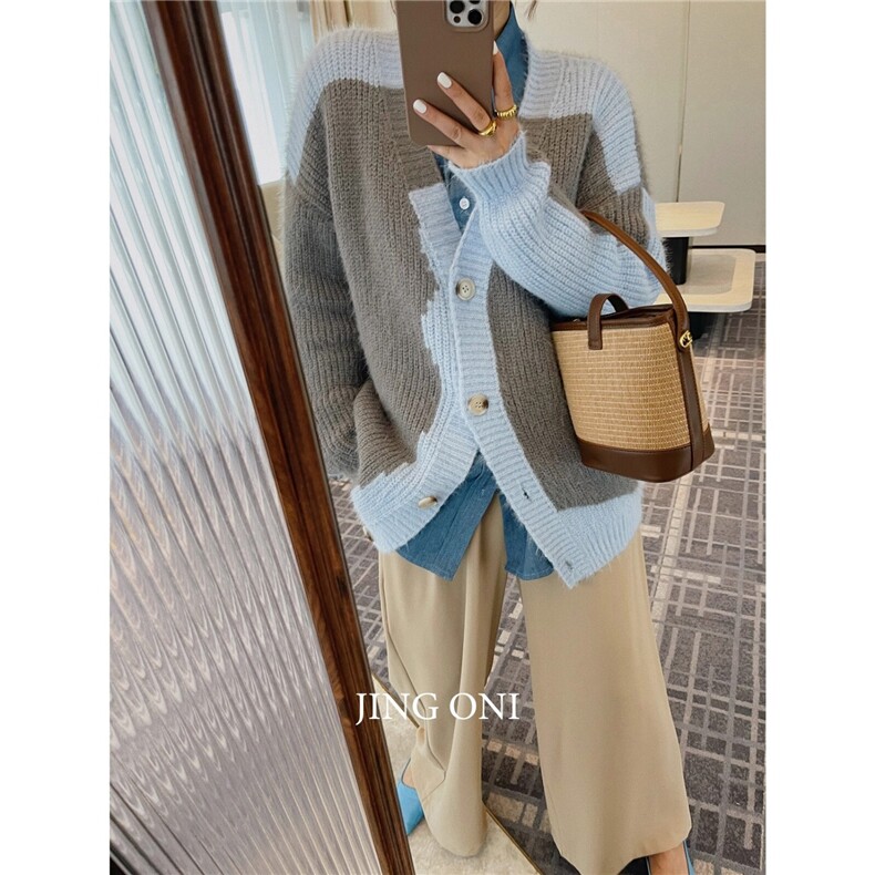 秋冬潮牌高街慵懒风宽松休闲拼色开衫毛衣男女v领上衣潮MZ882-P52,男装针织衫/毛衣,星座412-3