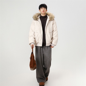 现货 扎染PU皮棉服男冬季加厚连帽棉衣座山雕大毛领外套M090-P120图片