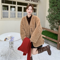 咖色美拉德复古V领羊羔毛外套女2025冬慵懒风保暖加厚毛绒绒上衣，女装短外套，浙宝210（原浙宝191）