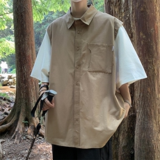 夏季日系男工装短袖衬衫痞帅高级感休闲假两件衬衣五分袖C085-P40，男装衬衫，星座308B-1