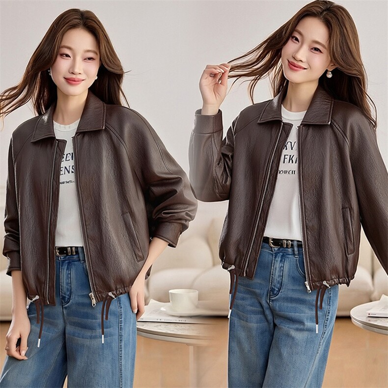 现货复古机车风翻领短款皮衣女宽松显瘦百搭小个子皮夹克外套，女装皮衣，韩蔻秀