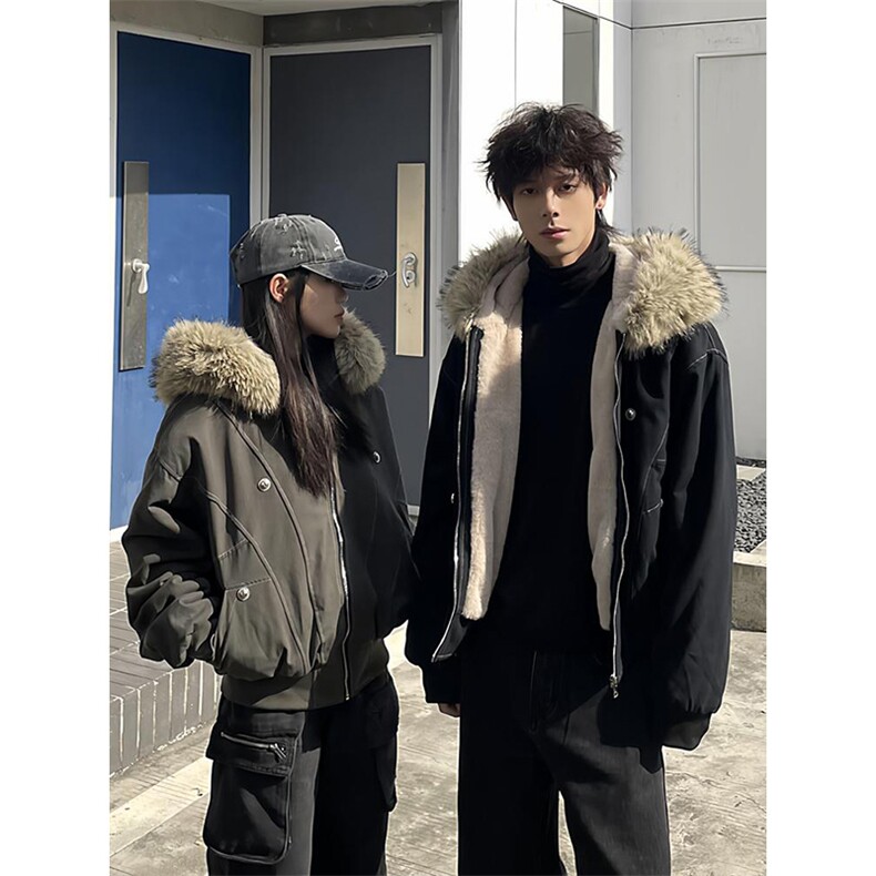 现货重磅boxy短款棉衣座山雕大毛毛领男女棉服水洗工装厚外套,男装棉衣,电商A486