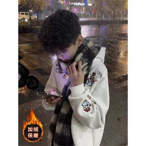 美式复古卡通蜡笔小新刺绣男女秋冬加绒加厚连帽卫衣SYT16 P47图片