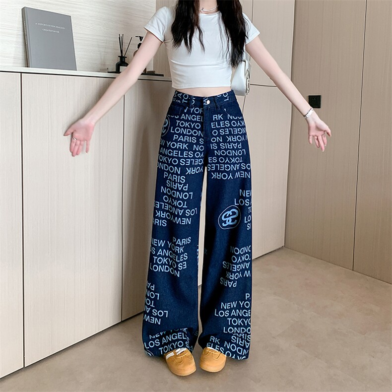 AK2334-P55美式复古字母印花牛仔裤女新款高腰显瘦宽松阔腿裤长裤，女装休闲裤，星座617A-2