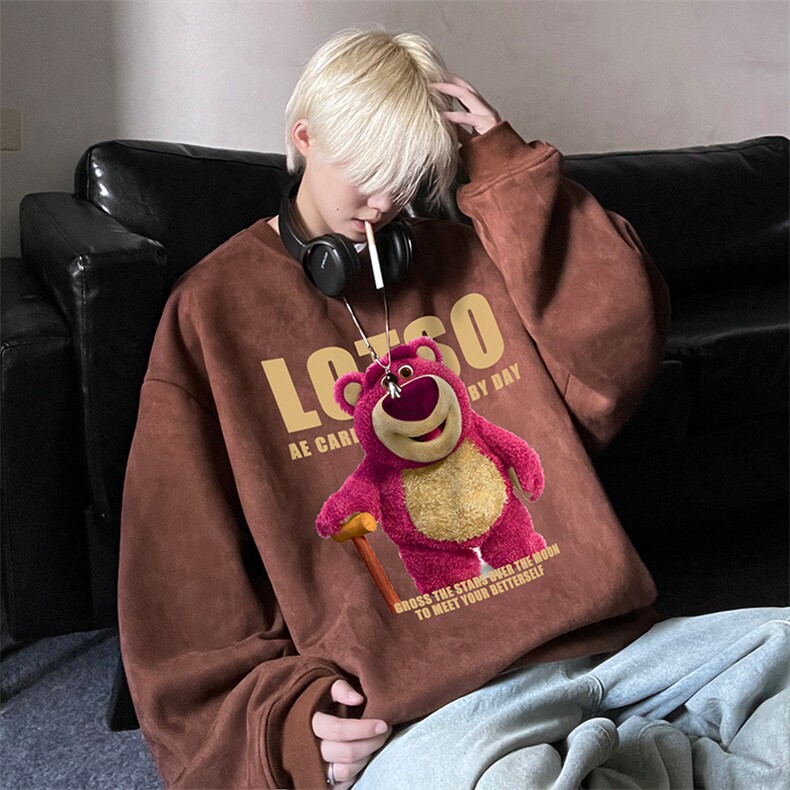 麂皮绒大码圆领卫衣男女港风草莓熊印花JK23333特批36-控59,男装卫衣,星座605(原A050)