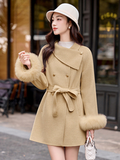 现货主推新款简约时尚休闲气质保暖真狐狸袖毛双面呢大衣送腰带，女装双面呢大衣，韩美纤衣