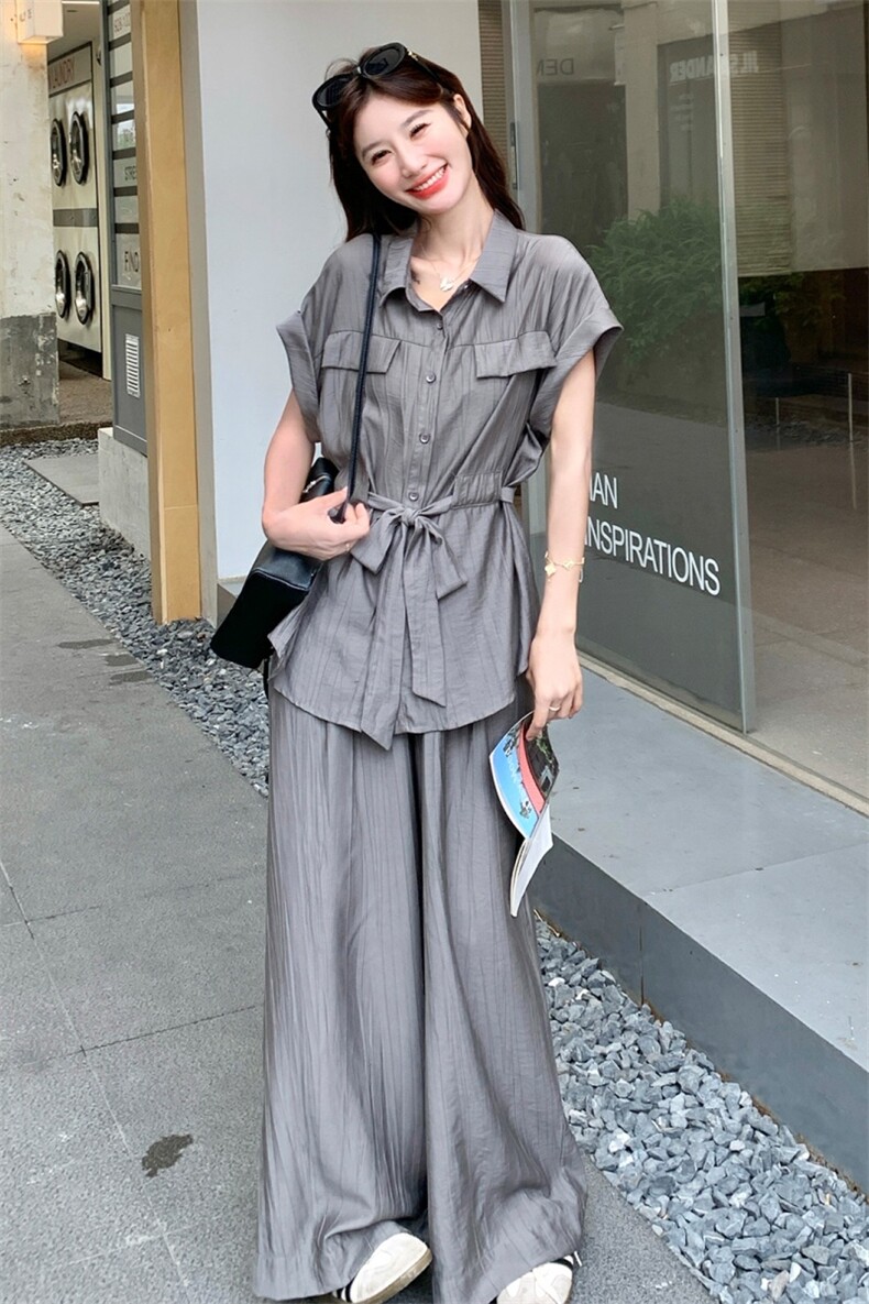 灰色设计感夏日穿搭套装女新款韩系休闲宽松高级感长裤两件套,女装套装/套裙,莘蕾