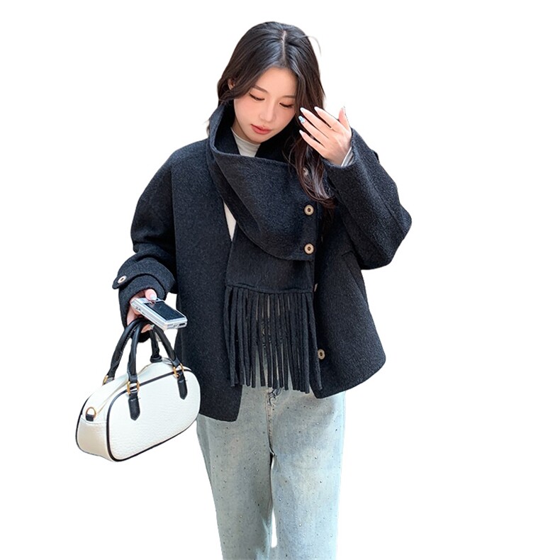 韩版保暖围脖双面羊绒呢子大衣女2025秋冬季新款显瘦短款毛呢外套,女装双面呢大衣,蝶眷