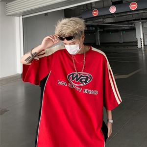 美式潮牌复古小众设计感运动撞色解构拼接赛车风短袖T恤DT055-p36图片