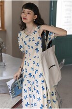 蓝白色碎花长款连衣裙，女装连衣裙，喜午