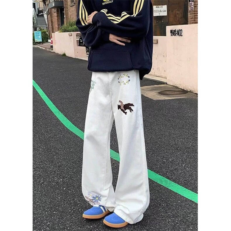 风刺绣牛仔裤男女春季高街阔腿长裤宽松百搭微喇裤子N9802,男装休闲裤,星座1116A（原606A-3）