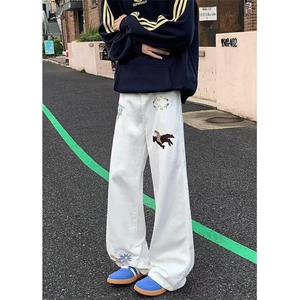 风刺绣牛仔裤男女春季高街阔腿长裤宽松百搭微喇裤子 N9802图片