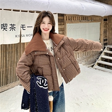 格子拼接毛线大翻领百搭短款羽绒服女2025冬季新款复古白鸭绒外套，女装羽绒服，2C159