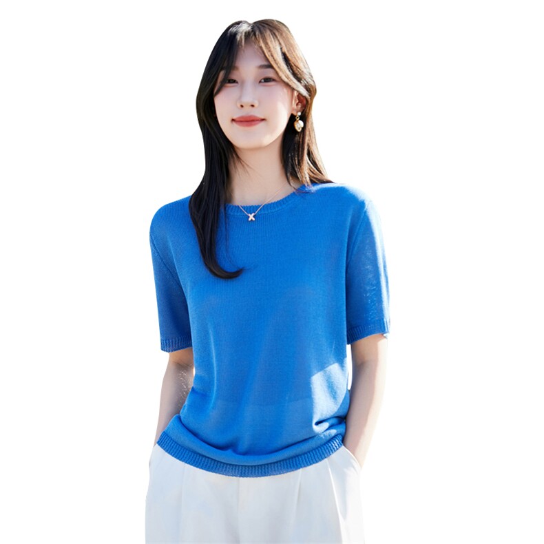 夏季新款简约和纸纱圆领短袖女宽松百搭显瘦上衣时尚休闲T恤,针织衫/毛衣,昭美羊绒