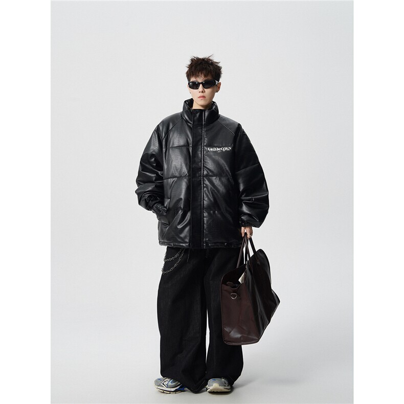 鳄鱼纹印花设计大码M-5XL手塞棉夹克PU皮棉服外套男8507P120控158图片
