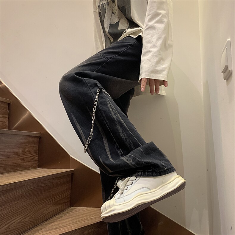 新款日系水洗牛仔裤男春秋季宽松直筒裤拉链阔腿裤N01041-P45,男装牛仔裤,星座308B-1
