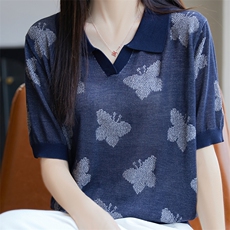 高级感莱赛尔针织POLO领提花短袖T恤女2025夏薄透气减龄小衫上衣，女装针织衫/毛衣，唐诺
