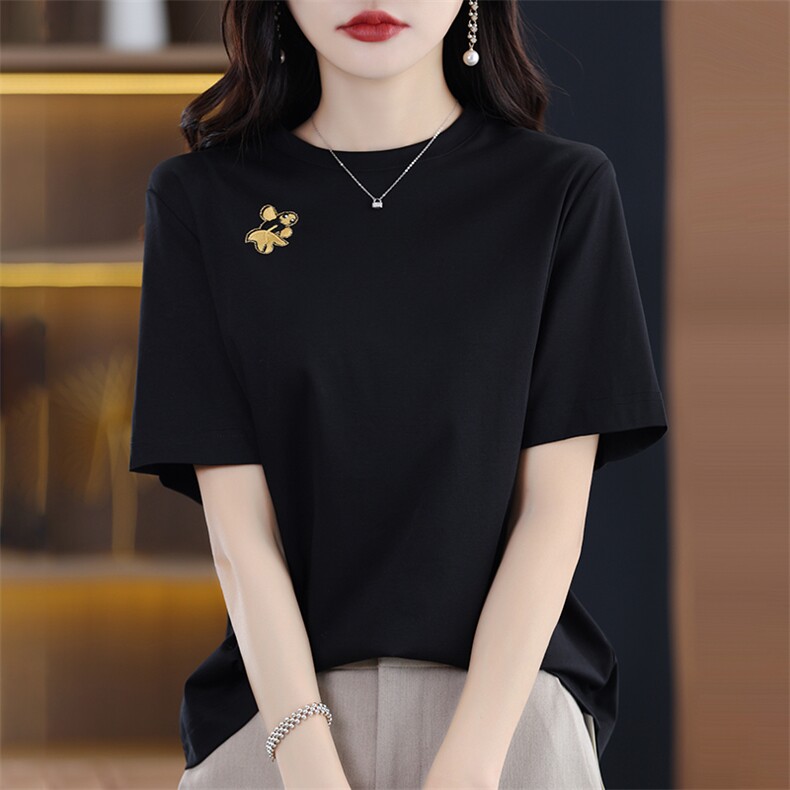 T恤女短袖圆领刺绣丝光棉宽松2025春新款上衣设计感减龄纯棉半袖,女装T恤,暖烁羊绒