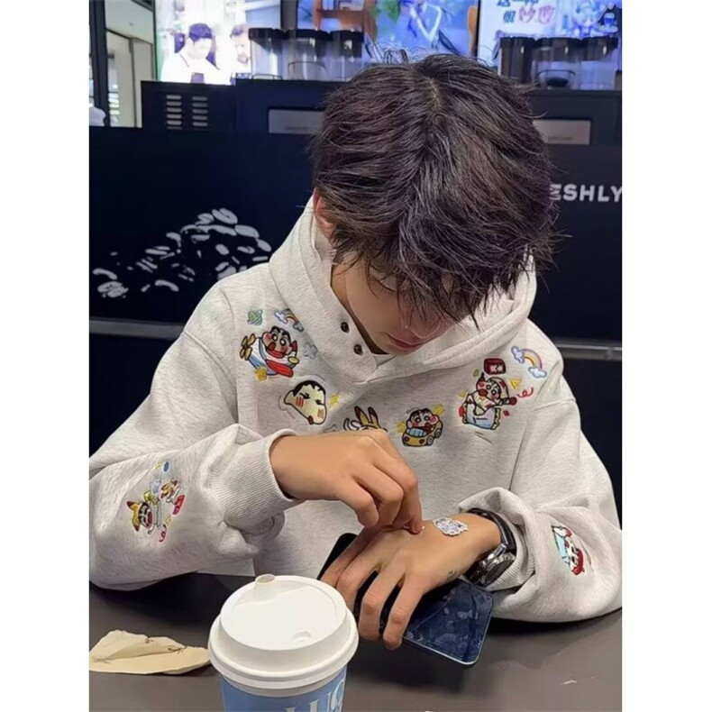 秋季新款美式潮牌趣味刺绣连帽卫衣男小众设计高级感上衣,男装卫衣,四季星座505