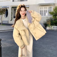 针织拼接杏色泡芙羽绒服女冬2025年超火好看高级小众短款加厚外套，女装羽绒服，2C093