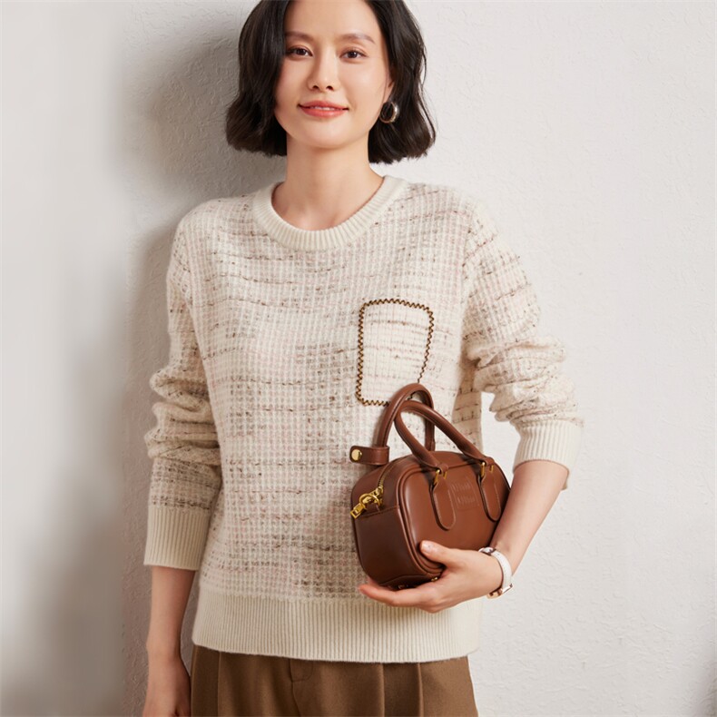 时尚女士圆领金豆彩丝羊绒套衫优雅百搭显瘦保暖毛衣，女装羊绒衫，臻维羊绒