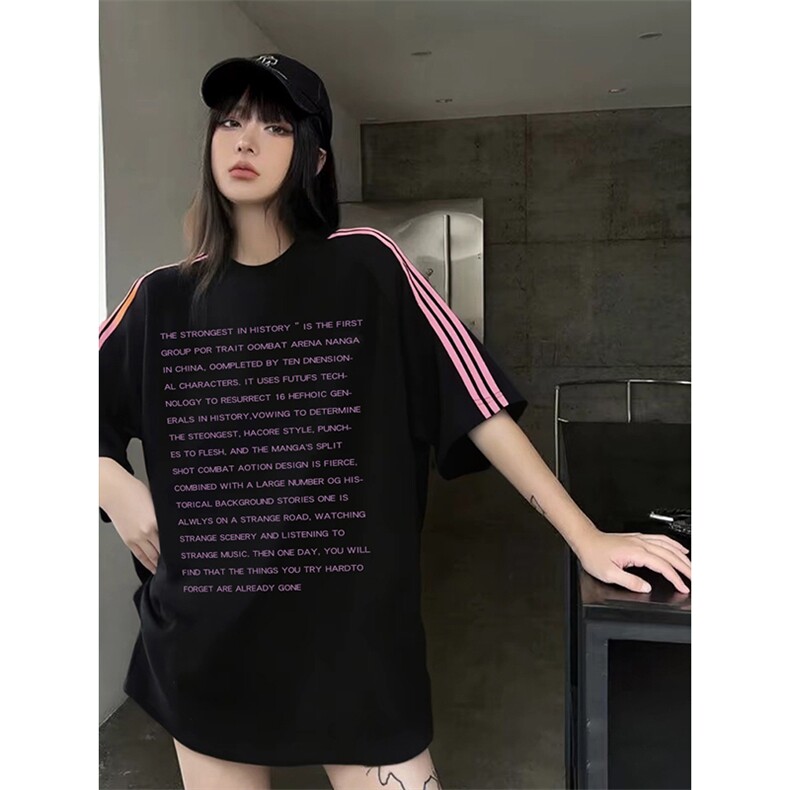 抖音得物品质二开240克宽松纯棉美式潮牌印花三条杠中性风短袖T恤,男装T恤,电商A486-1