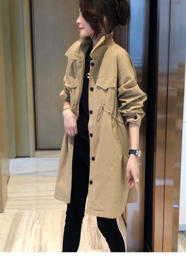 DG863早春新款抽绳松紧腰宽松翻领中长款风衣外套图片
