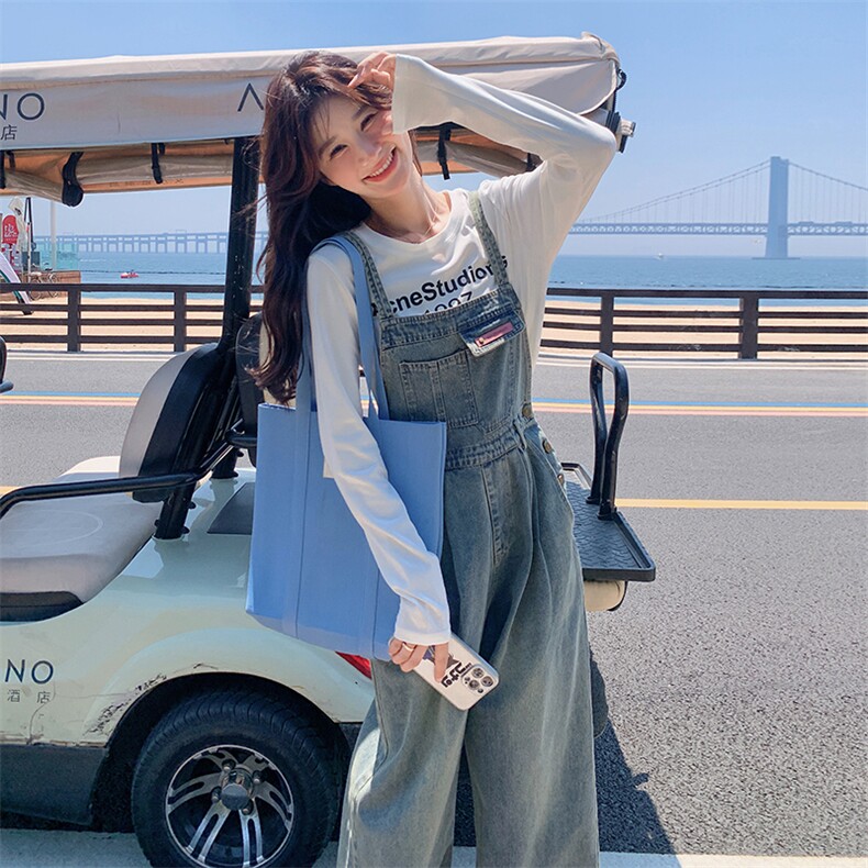 韩版复古牛仔背带裤套装女2025春夏季新款学院风休闲连体裤两件套,女装套装/套裙,2C227