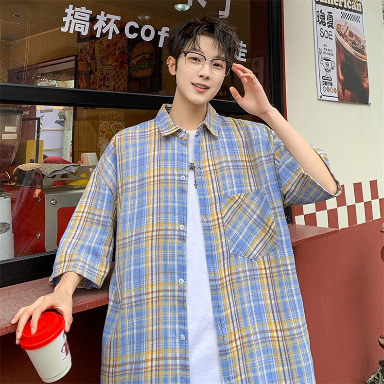 短袖衬衫男夏季新款磨毛格子衬衣DX716-特批26无差价,男装衬衫,星座214-3