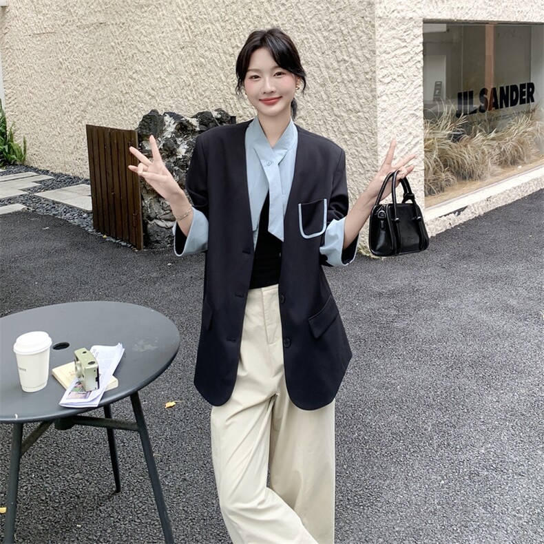 韩版韩系V领西服拼接单排扣西装学院风纽扣正装常规春秋气质长袖,女装西装,浙宝210（原浙宝191）