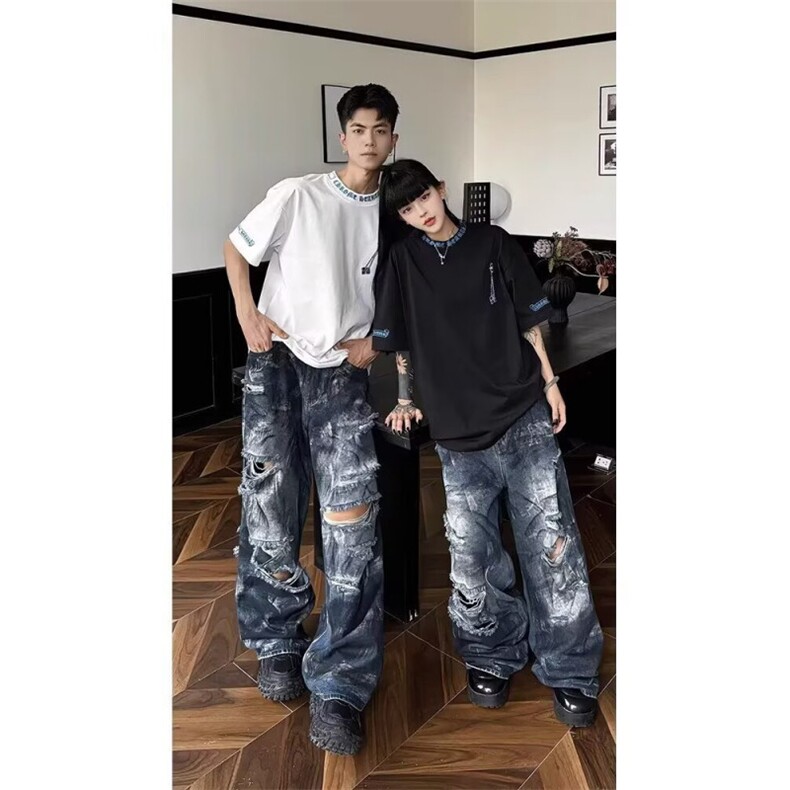 新款百搭潮流文艺气质无品牌牛仔长裤慵懒原宿简约流行日系图片