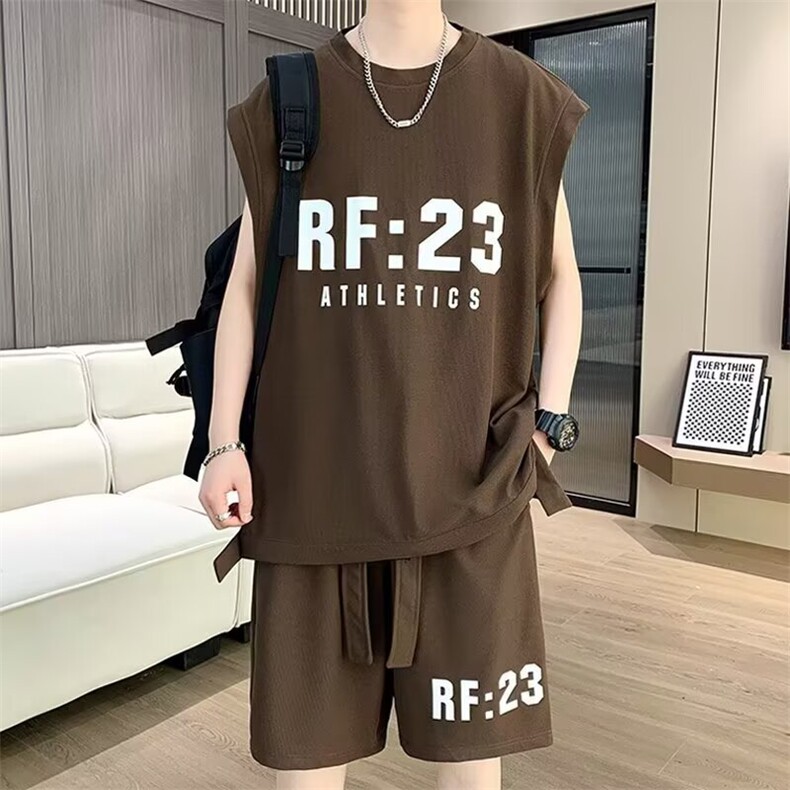 潮牌大码运动套装男夏季一套休闲篮球服搭配坎肩背心短裤两件套潮图片