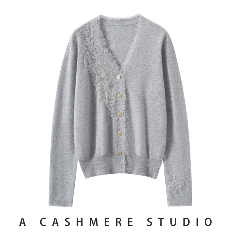 2025年秋季时尚百搭通勤简约休闲蕾丝开衫，女装羊绒衫，戎叶云台