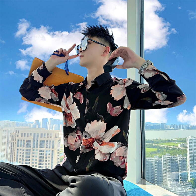 ACS105/P58控88-秋季社会小伙翻领松弛印花撞色长袖衬衫男图首,男装衬衫,星座305B-1