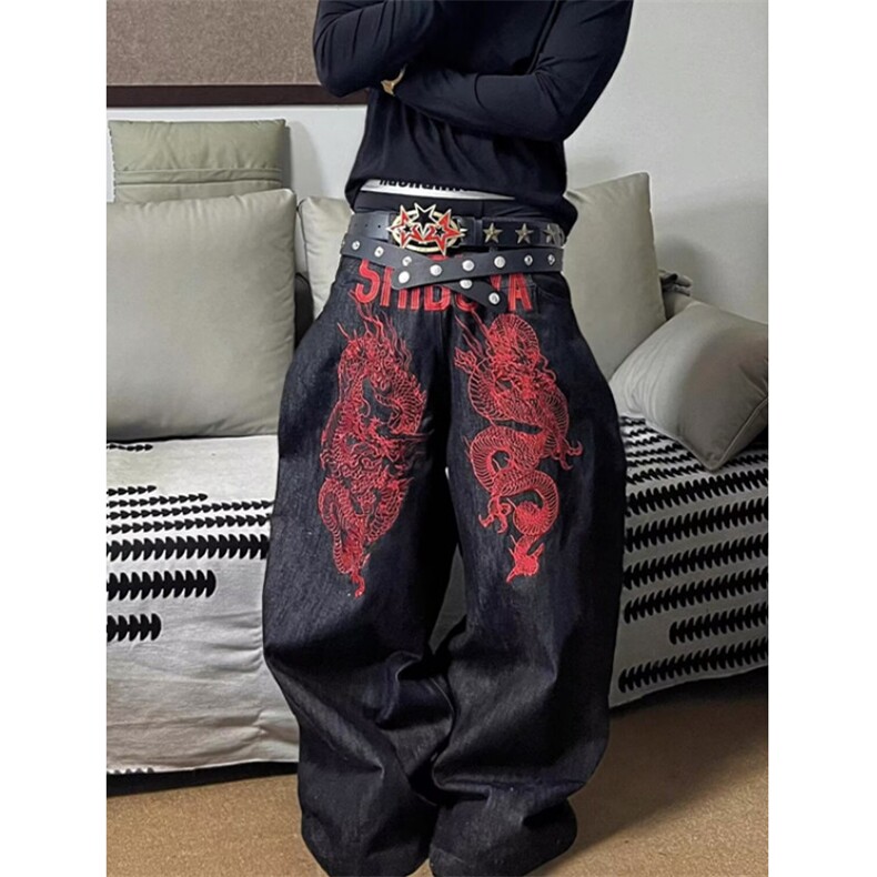复古龙形印花牛仔裤女高街设计亚感宽松直筒阔腿拖地裤NG3168,男装牛仔裤,星座1116A（原606A-3）