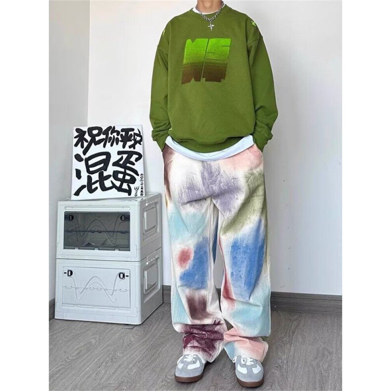 手绘刷漆彩色牛仔裤男夏季美式vibe风高街裤子宽松显瘦直筒休闲裤,男装牛仔裤,星座506A
