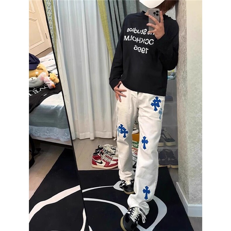 白色十字架印花牛仔裤男女款潮牌痞帅炸街裤子,男装牛仔裤,星座410-6（原星座1304-1）