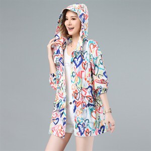2022夏季新款时尚宽松连帽印花防晒衣薄外套,女装防晒衣,依倍林