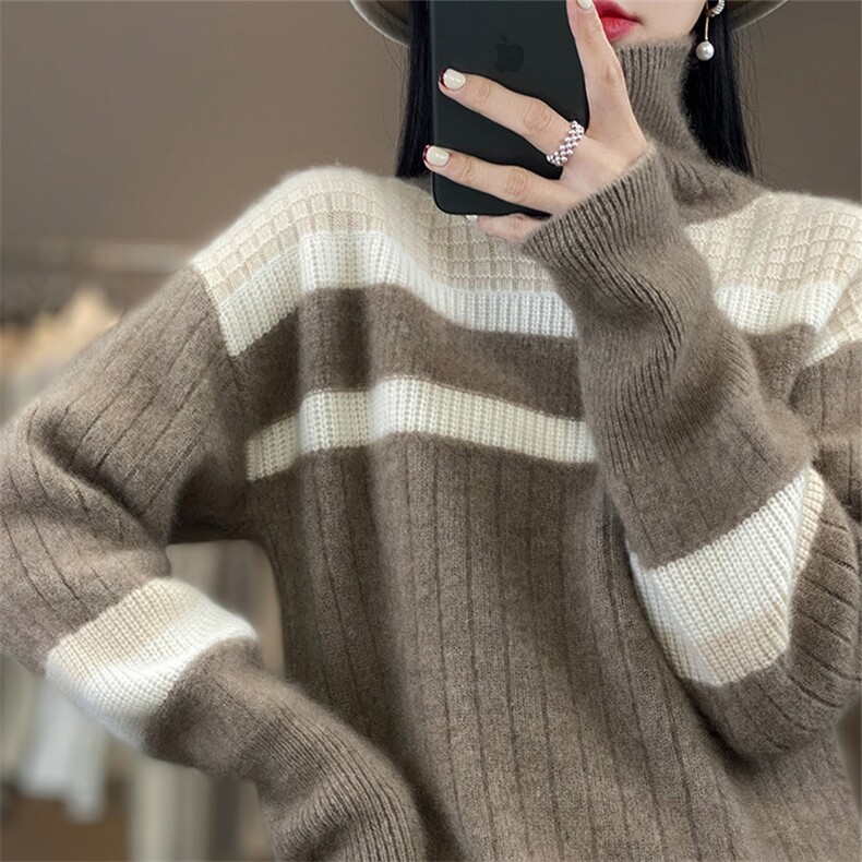 秋冬新款羊毛衫女半高领拼色加厚毛衣宽松羊绒衫针织打底衫,女装羊绒衫,琳华羊绒