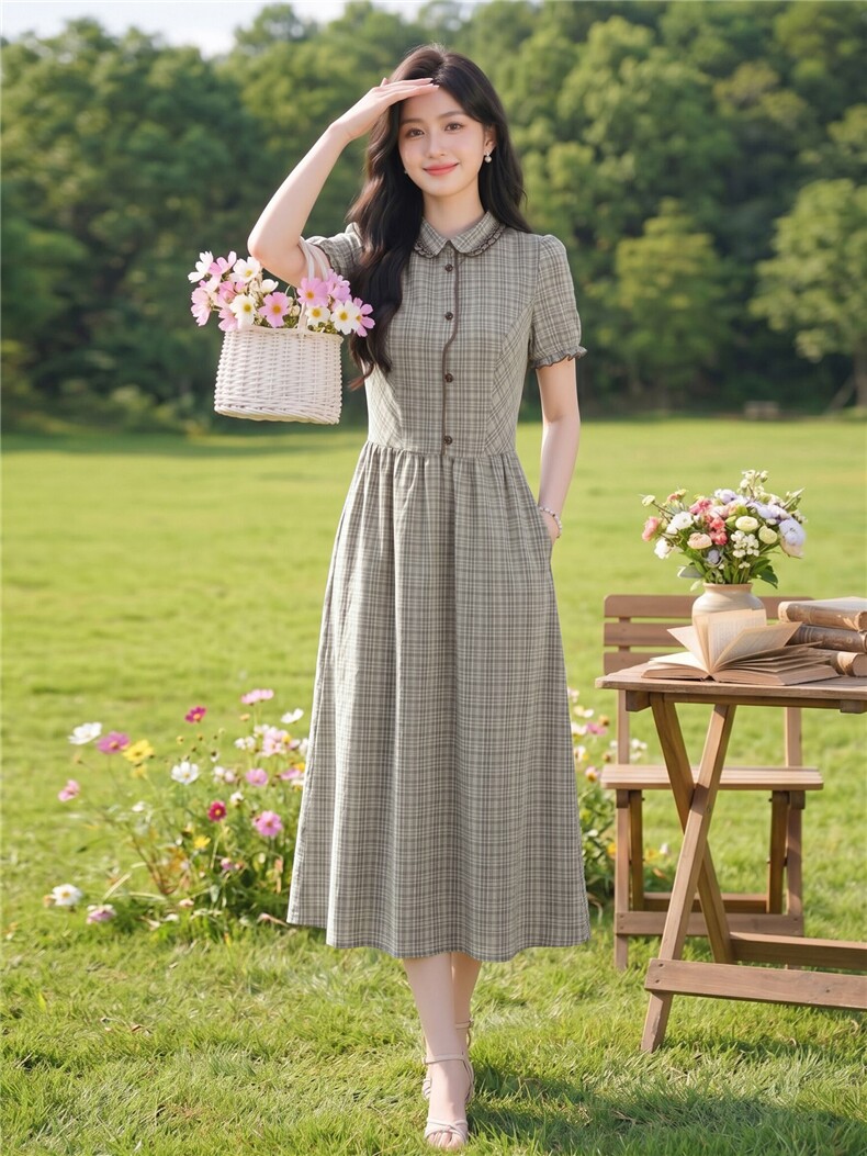 学院风格纹连衣裙女春夏收腰显瘦中长裙格子裙子,女装连衣裙,水衣源